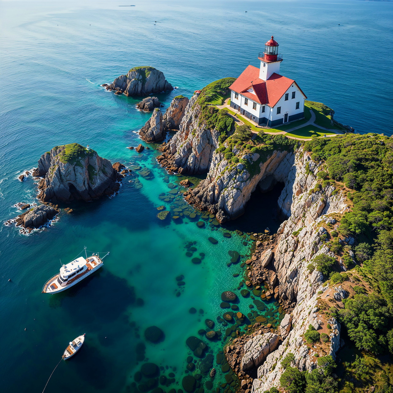 Aerial view of lighthouse on green rocky cliff jutting into turquoise sea with boats