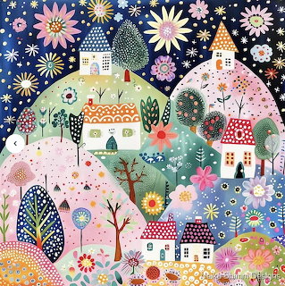 Folk art village with patterned cottages, decorative trees, and colorful flowers on dark blue background