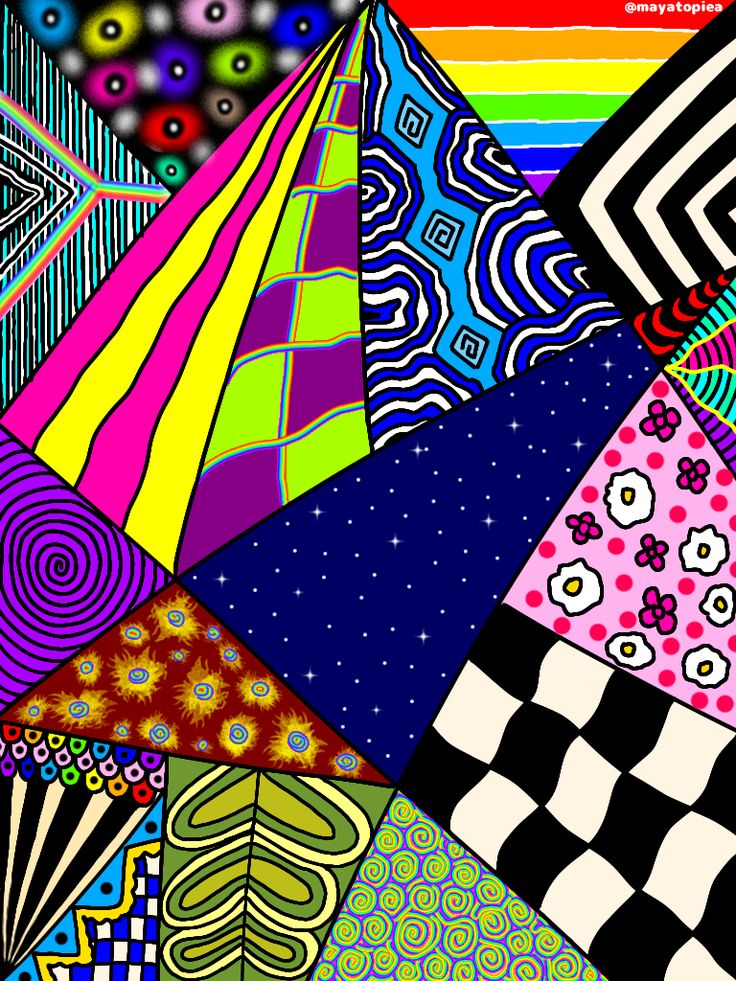 Colorful abstract art with geometric patterns including stripes, checks, spirals, and rainbow gradients