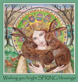 Illustration of woman holding a brown rabbit with Easter eggs and spring landscape in background
