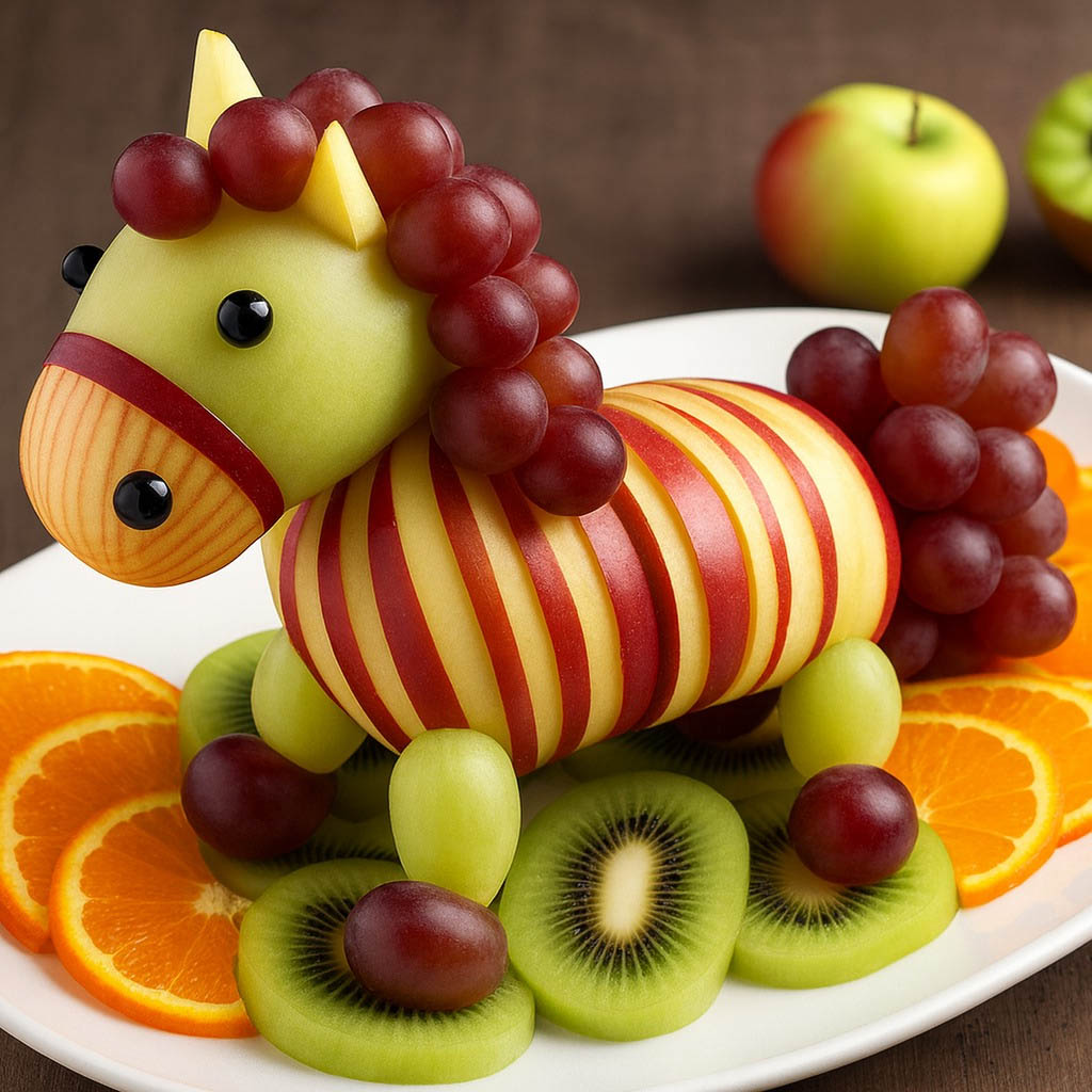Decorative horse made from carved apples, grapes, and banana on a fruit platter