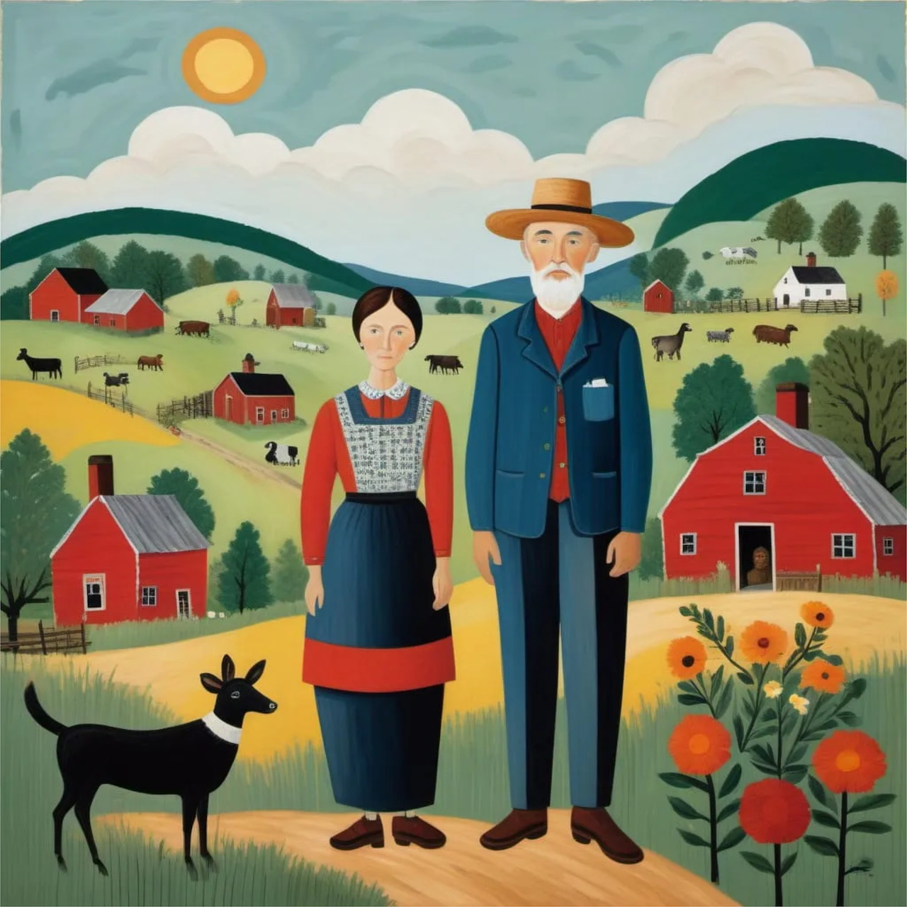 Folk art painting of farm couple with goat and red barns in countryside landscape