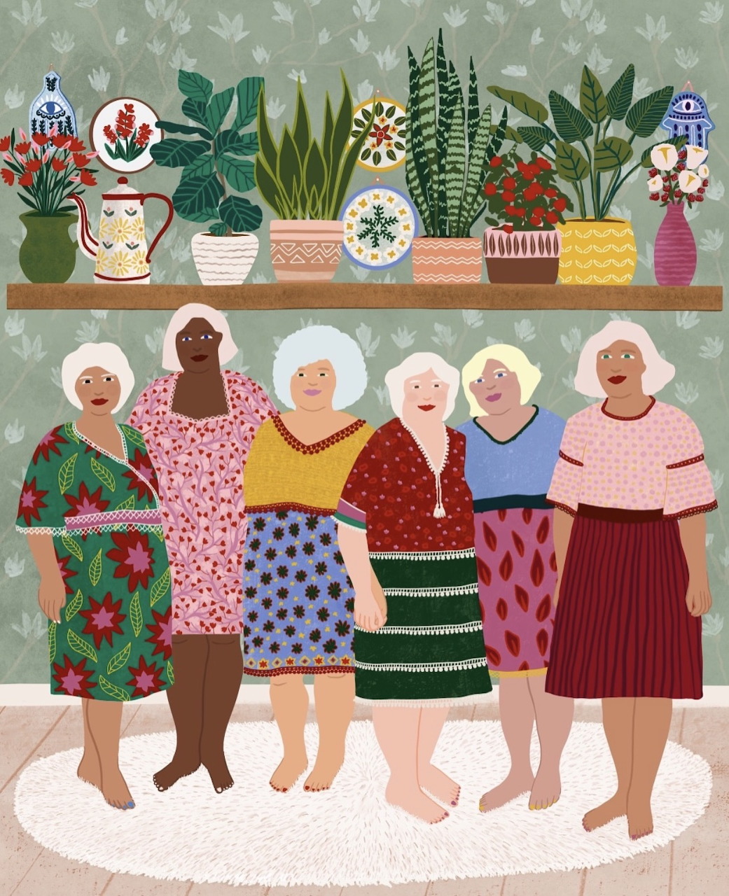 Illustration of five women in colorful dresses standing indoors under a shelf with plants