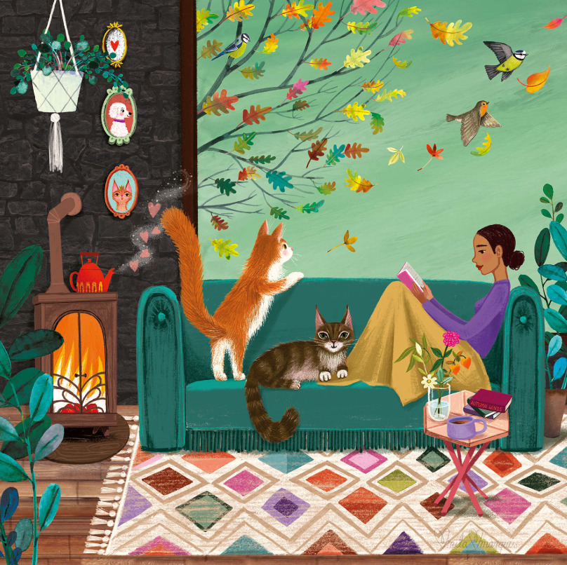 Woman reading on couch with corgi and shepherd dog, autumn leaves visible through window, cozy home interior