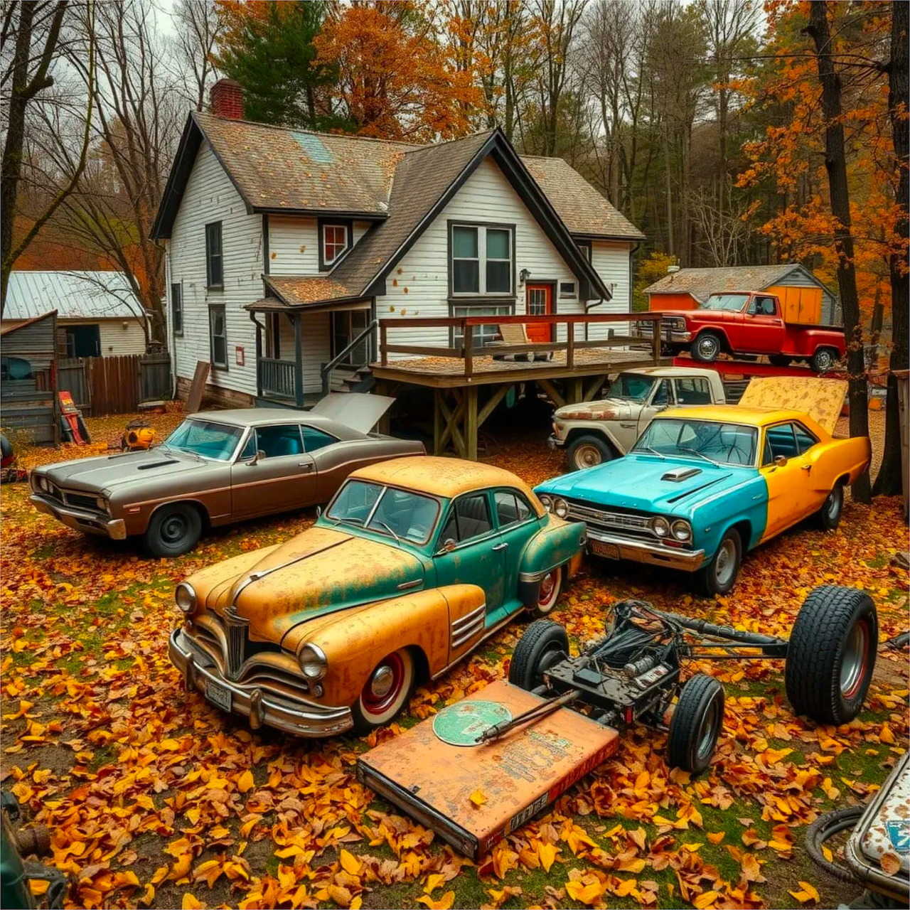 Old rusted classic cars in autumn yard with white house and orange leaves