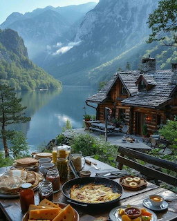 Breakfast table with food and drinks overlooking a mountain lake and log cabin