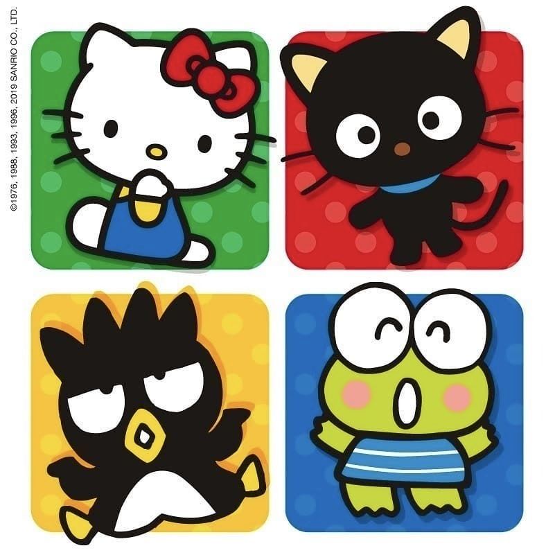 Four Sanrio characters in bright colored squares: Hello Kitty, black cat, penguin, and frog