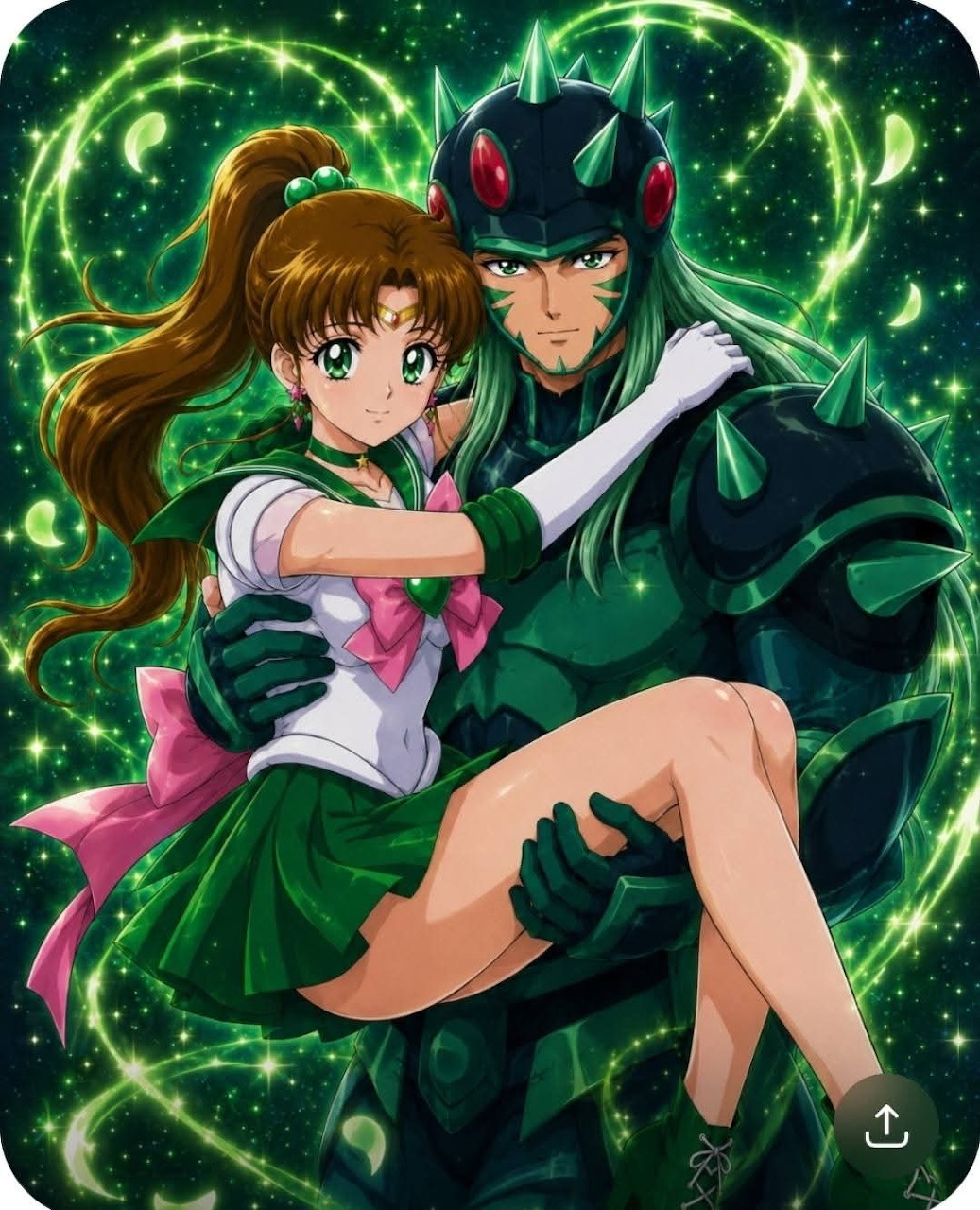 Sailor Jupiter in green uniform held by a dark armored male character with glowing green energy swirls