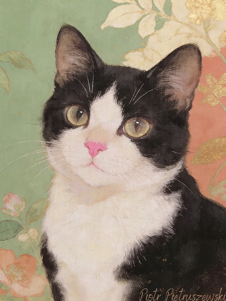 Painted black-and-white tuxedo cat with golden eyes and a pink nose on a floral background.