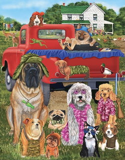 Various dog breeds around a red vintage pickup truck in a farm yard with a house behind