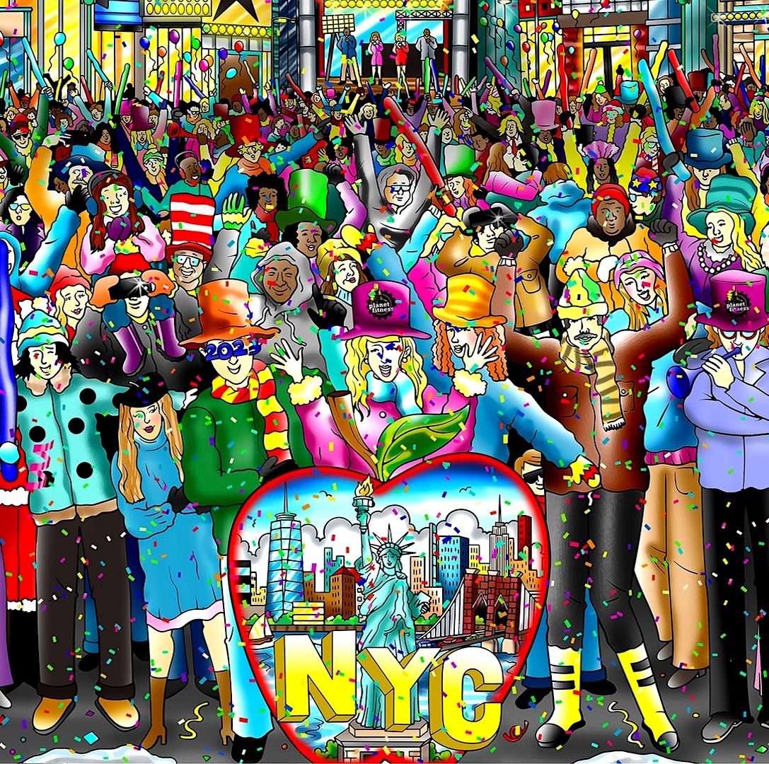 Colorful pop art of Times Square New Year's Eve celebration with dense crowd and confetti