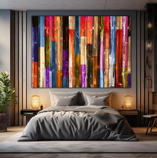 Modern bedroom with large colorful vertical striped abstract artwork above gray bed