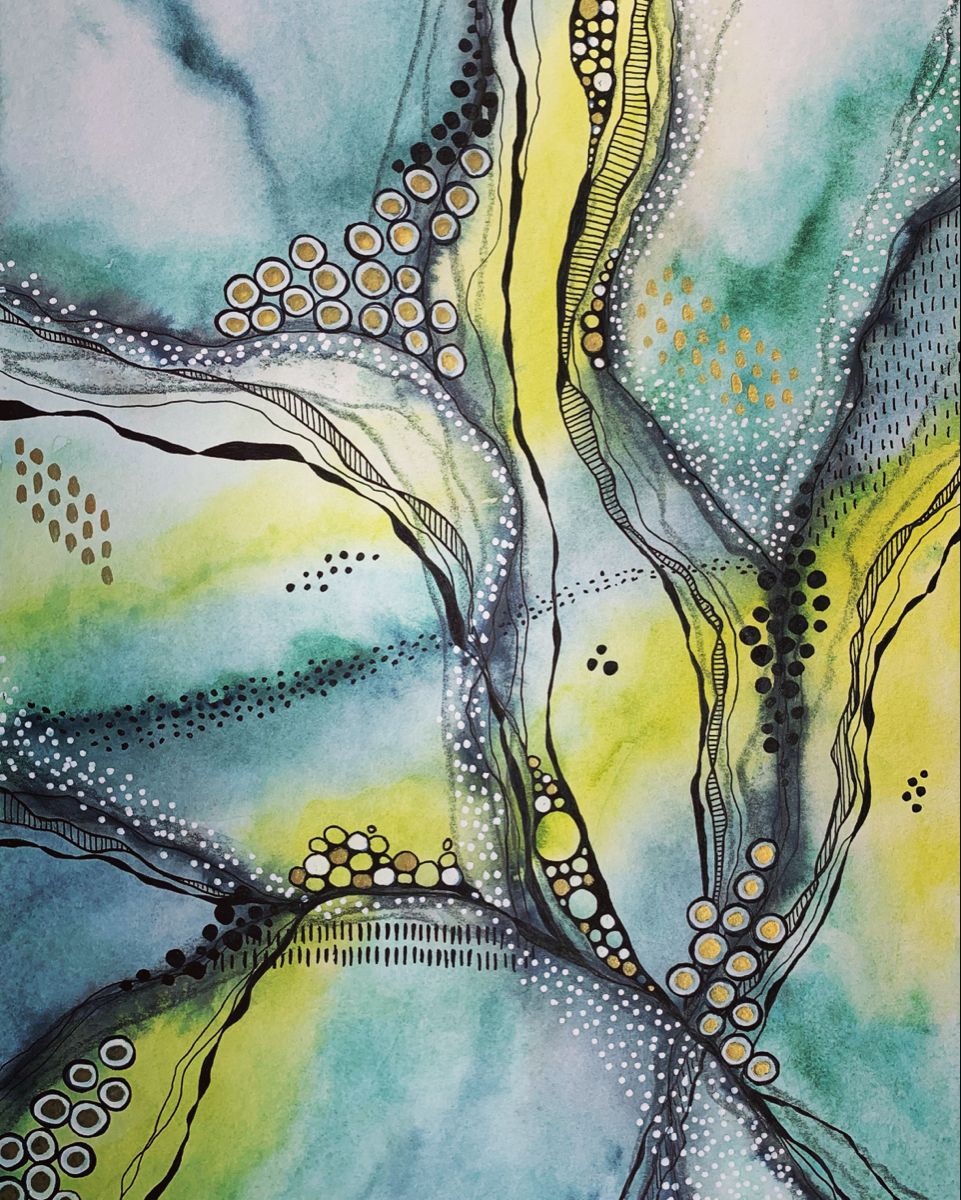 Abstract watercolor painting with flowing black lines, yellow-green shapes, and decorative dot patterns