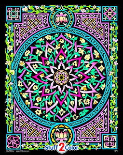 Celtic mandala with intricate knotwork and symmetrical geometric patterns in vibrant colors