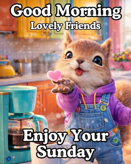Cartoon squirrel wearing overalls holding a pink heart in a colorful kitchen with coffee maker