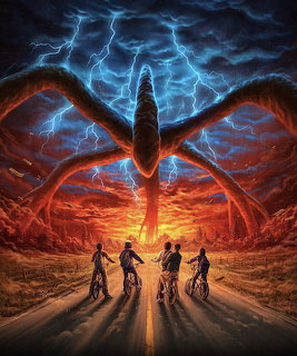 Four kids on bikes facing a giant tentacled monster in a stormy sky with lightning and red clouds