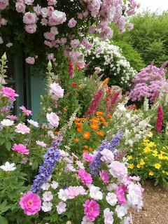 Lush cottage garden with abundant pink roses, cosmos, delphiniums, foxgloves, and colorful mixed flowers