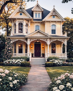 Victorian house with decorative trim, bay windows, and white hydrangea garden along stone walkway