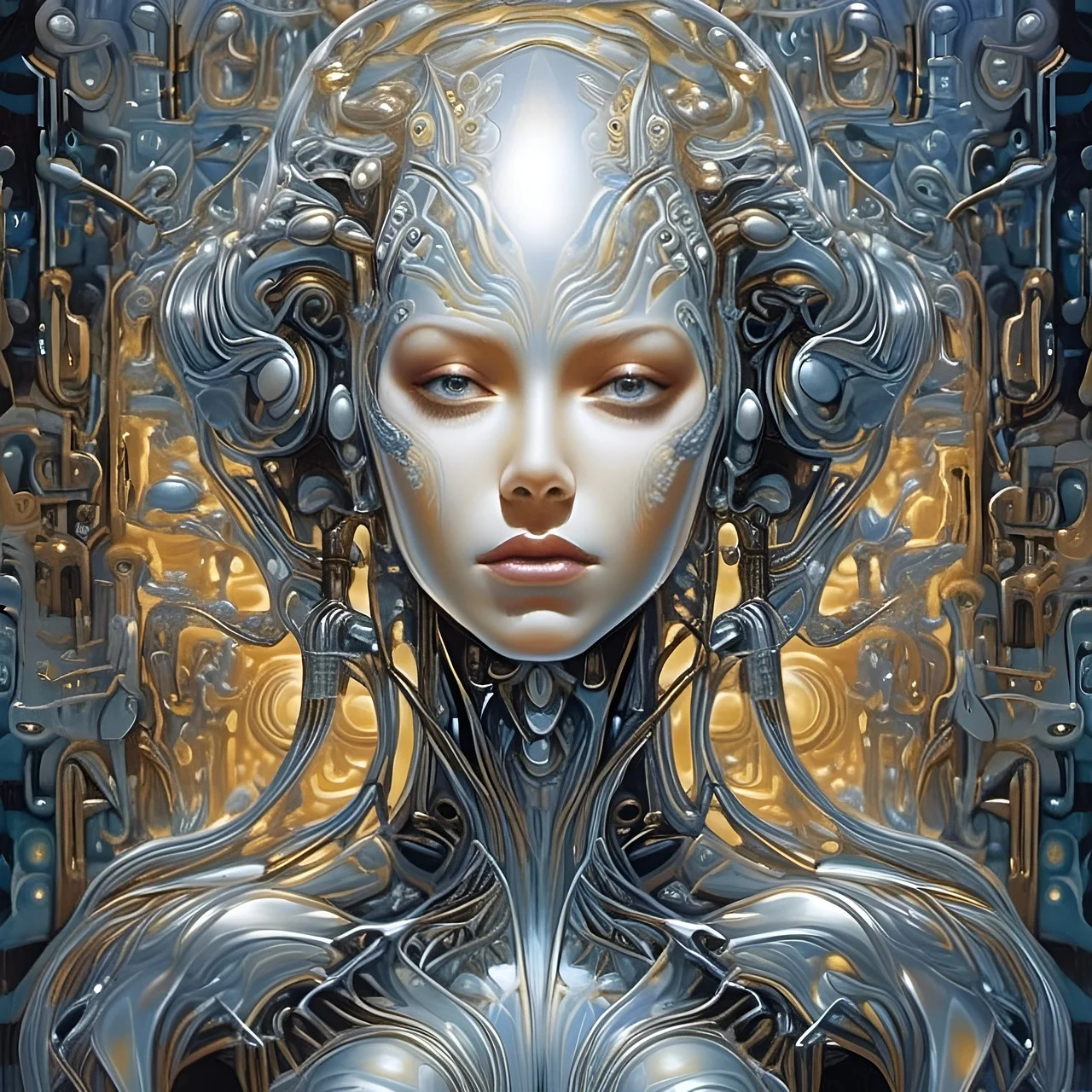 Portrait of woman with elaborate silver and gold cyborg headpiece and mechanical armor in futuristic art style