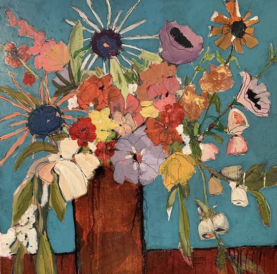 Abstract painting of colorful flowers in brown vase on teal background