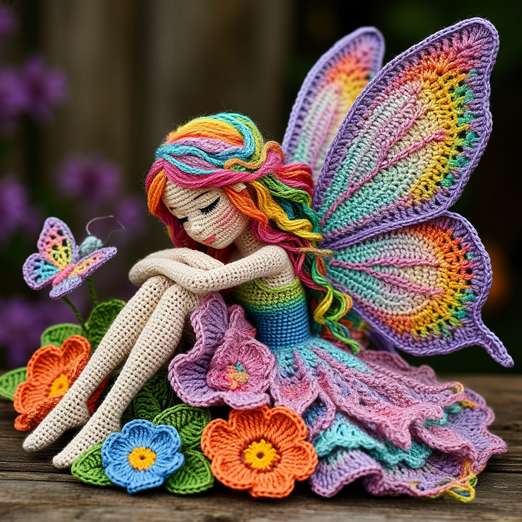 Crochet fairy figurine with rainbow hair and multicolored butterfly wings surrounded by crocheted flowers