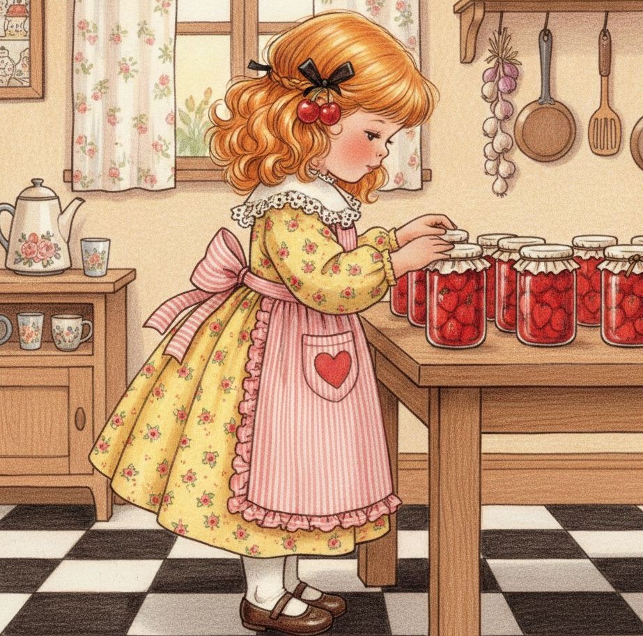 Young girl in pink apron making jam in vintage cottage kitchen with red jars on counter