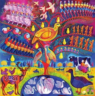 Colorful folk art painting with angels, animals, birds, swans, and a small nativity scene