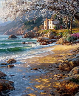 Painting of a seaside cottage surrounded by cherry blossoms on a rocky coast with a sandy beach