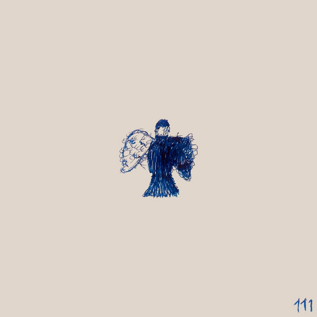 Blue ink sketch of an angel with spread wings on beige background