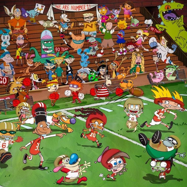 Cartoon illustration of animated characters playing sports with spectators in bleachers