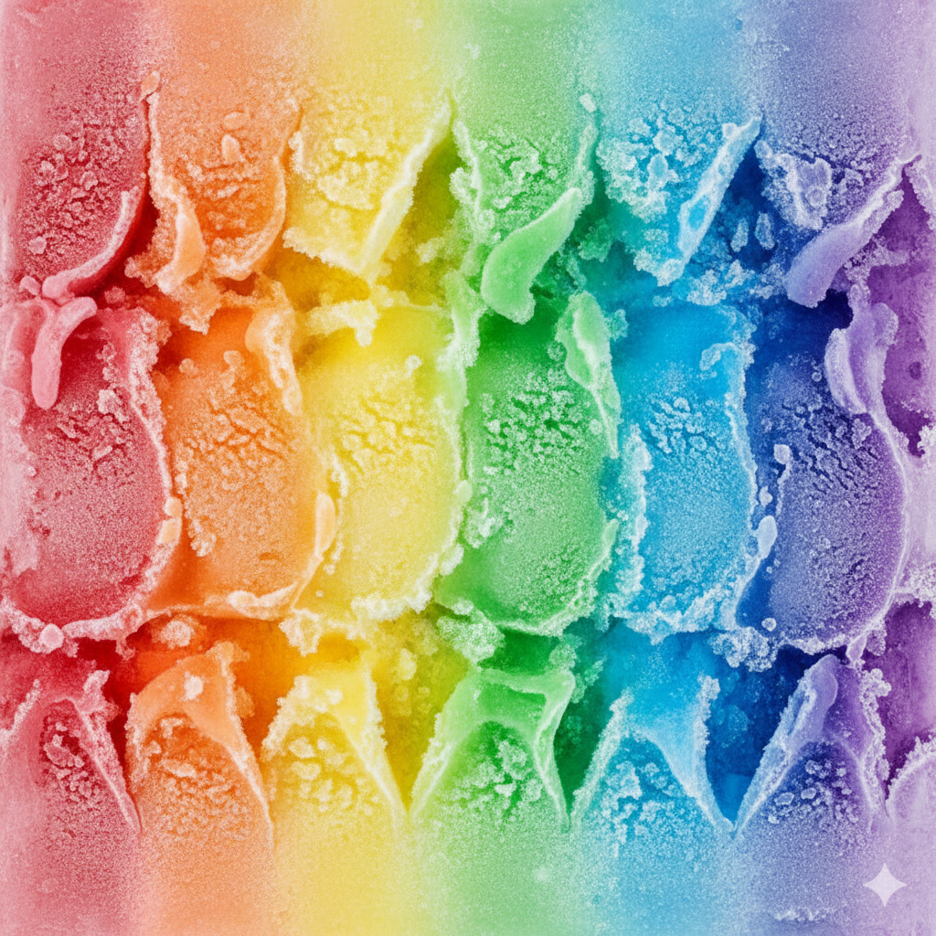Rainbow gradient of textured ice cream scoops with frosty surface from red through purple