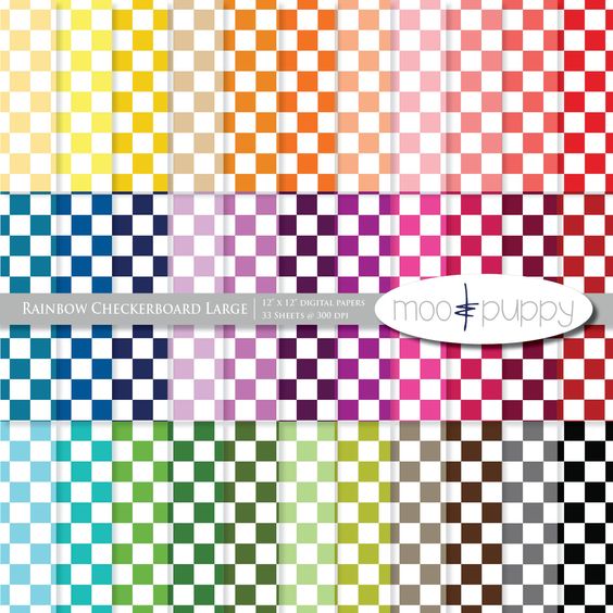 Rainbow checkerboard pattern with multicolored squares and small labels across the center