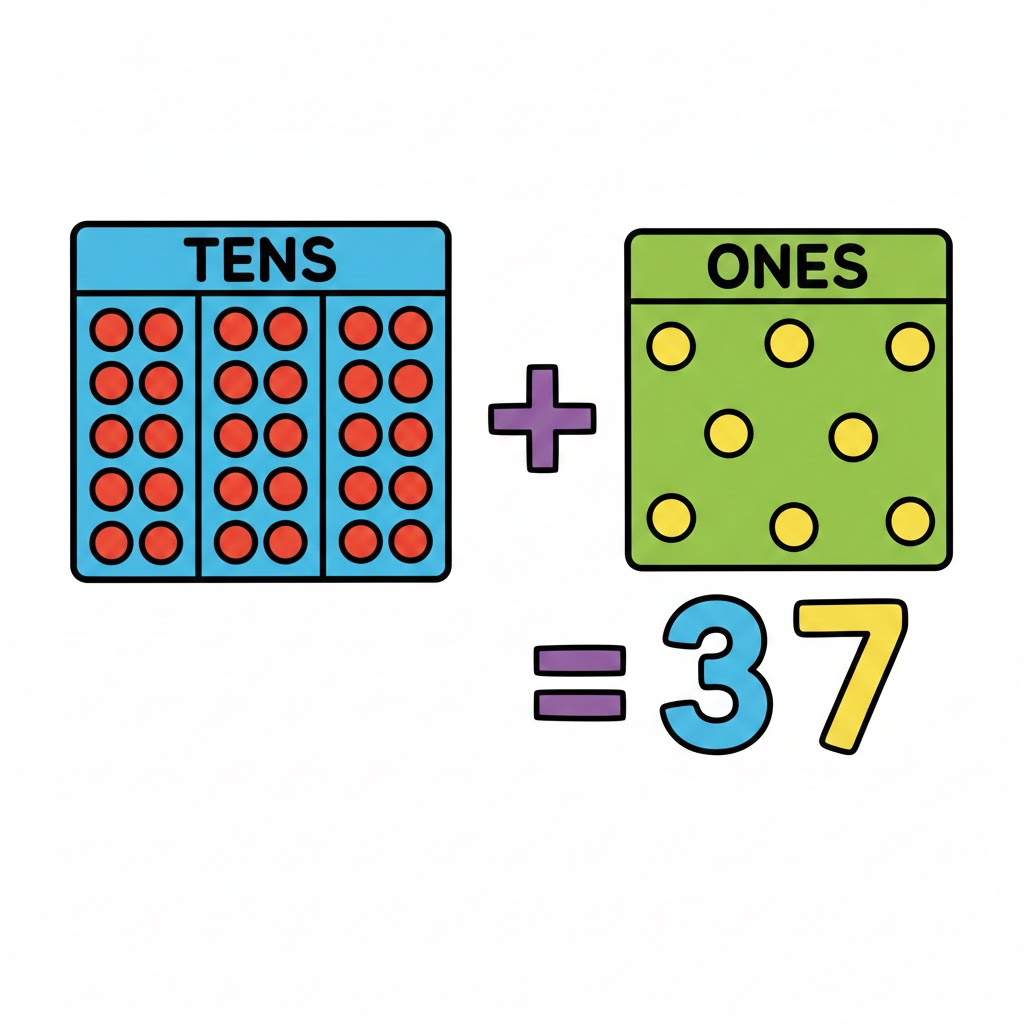 Place value illustration with three tens, seven ones, and the number 37
