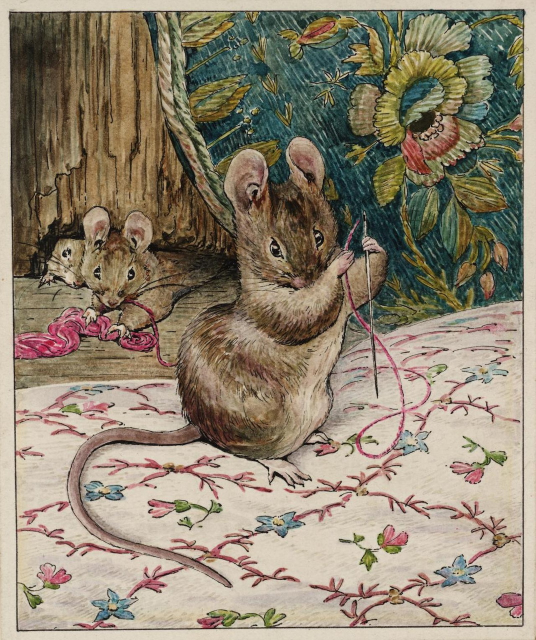 Beatrix Potter illustration of mice sewing with needle and thread on a floral embroidered rug