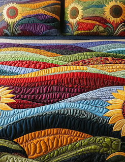 Stack of colorful quilted pillows with embroidered sunflower designs and wavy stitching patterns
