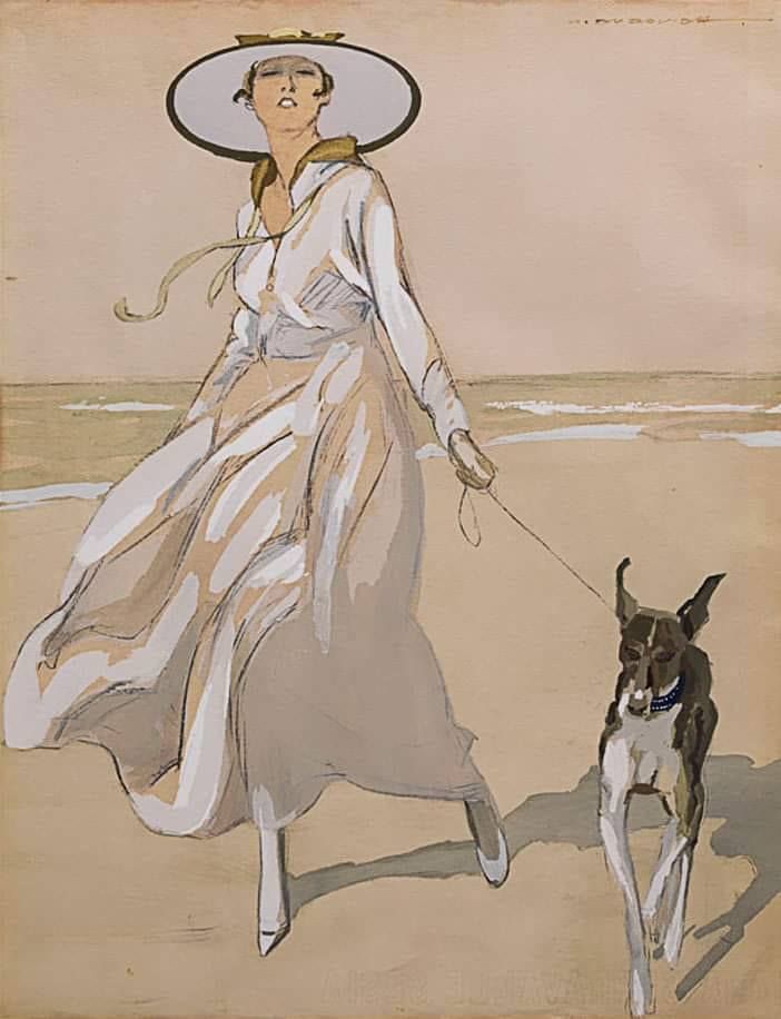Art Nouveau illustration of an elegant woman in white dress and hat walking a dog on a beach
