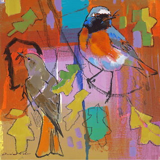 Abstract painting of two colorful birds perched among stylized leaves