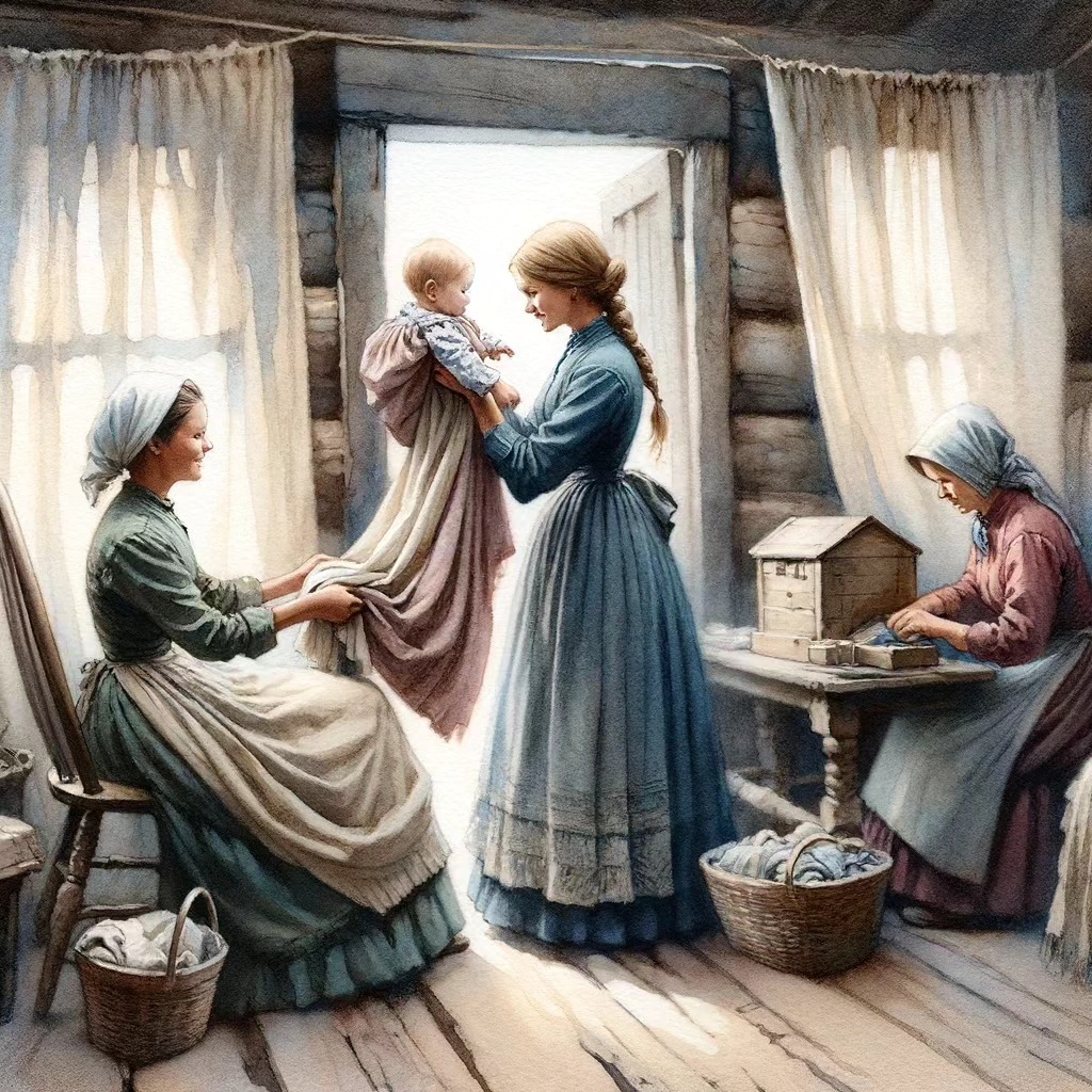 Three pioneer women in 19th century dress sewing and doing handwork inside a wooden cabin with white curtained windows