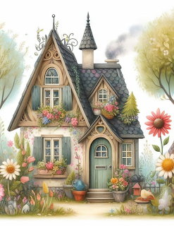 Whimsical illustrated cottage with flowers, turrets, and storybook architecture in soft pastel colors