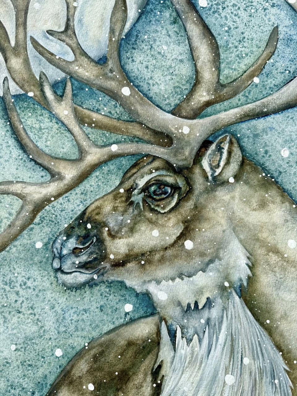 Watercolor painting of a caribou head with large antlers in falling snow