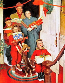Family caroling at doorway with Christmas decorations, vintage Norman Rockwell illustration style