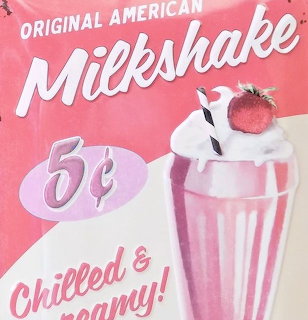 Vintage pink milkshake sign with whipped cream, strawberry, striped straw, and 5¢ price