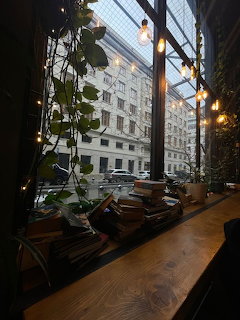 Cafe window with hanging lights, books, plants, and a view of city buildings outside