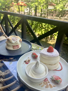 Fluffy pancakes with strawberries and whipped cream on plates at an outdoor cafe table with green trees