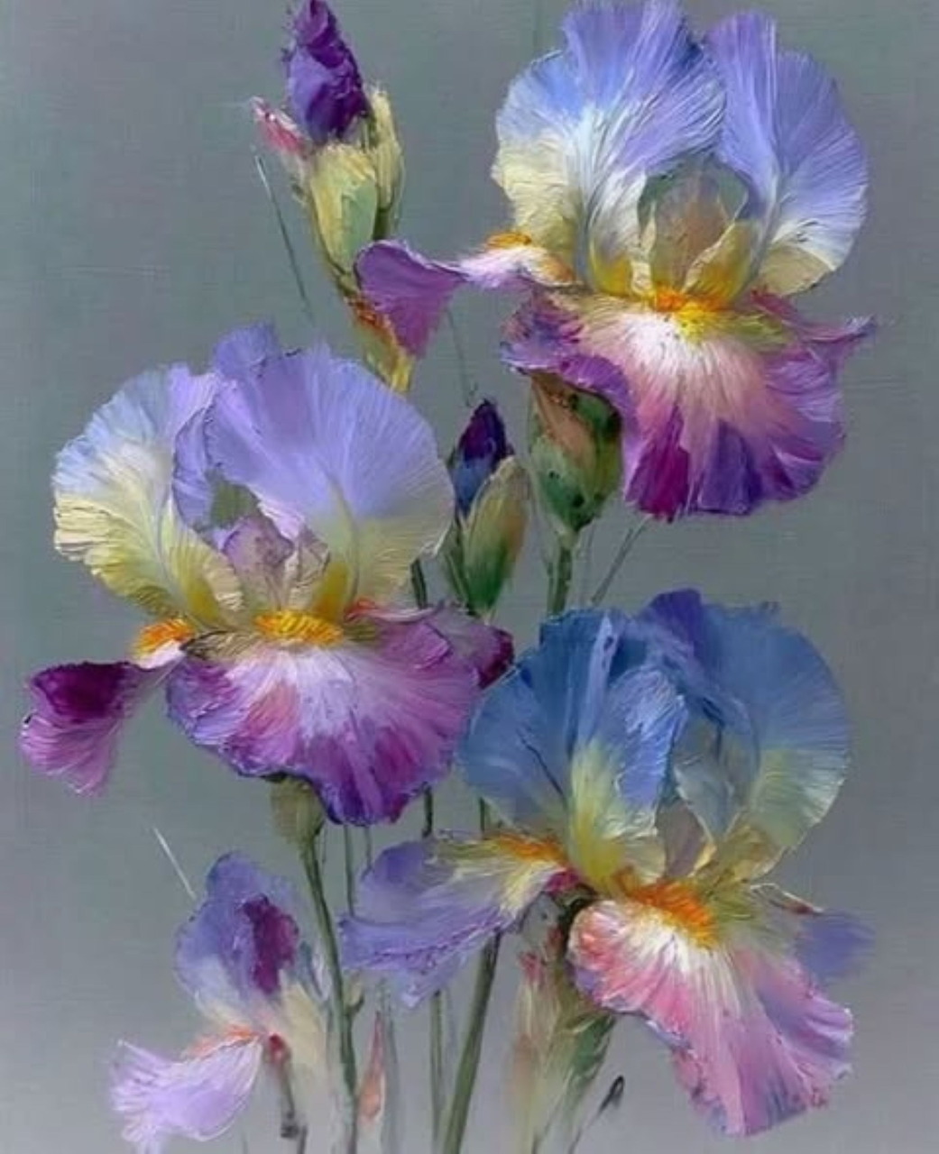 Pastel painting of several blooming iris flowers in purple, blue, pink, and yellow tones