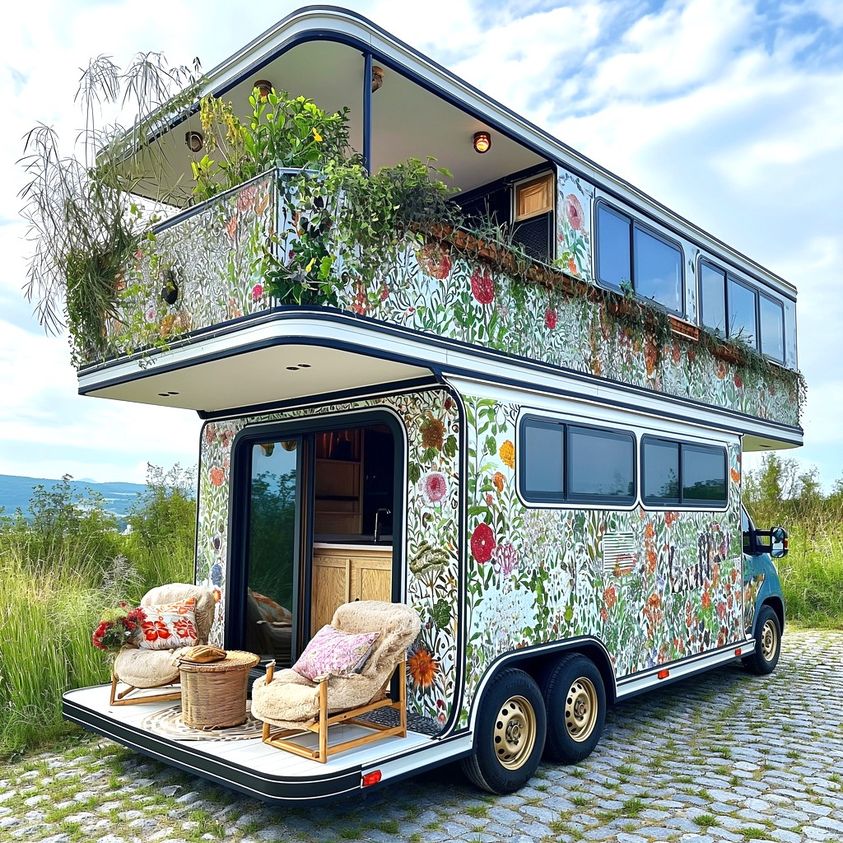Two-story bus home decorated with colorful floral patterns, plants on roof, patio furniture at entrance
