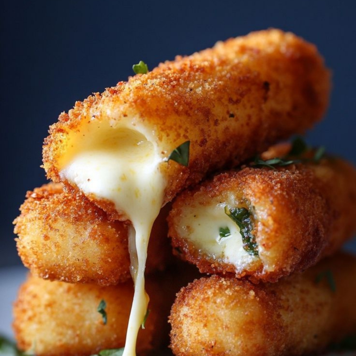 Stack of crispy fried cheesesticks with melted mozzarella stretching from one piece