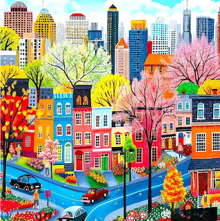 Colorful illustrated city street with rainbow townhouses, blooming spring trees, and tall buildings in background
