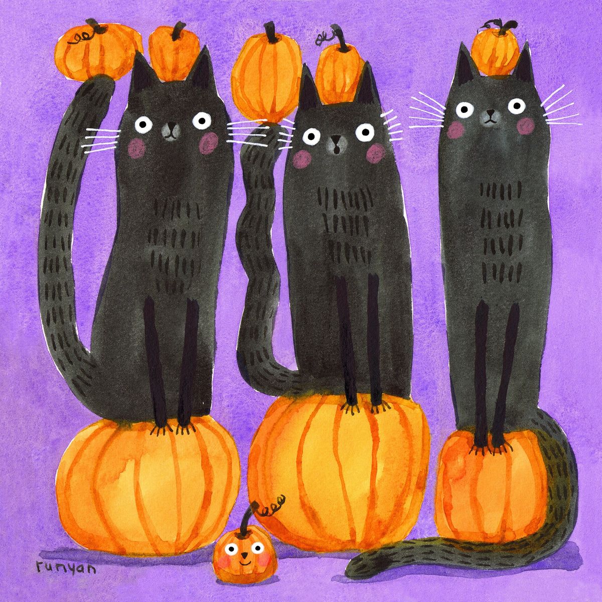 Three black cats with pumpkin hats sitting on orange pumpkins with purple background