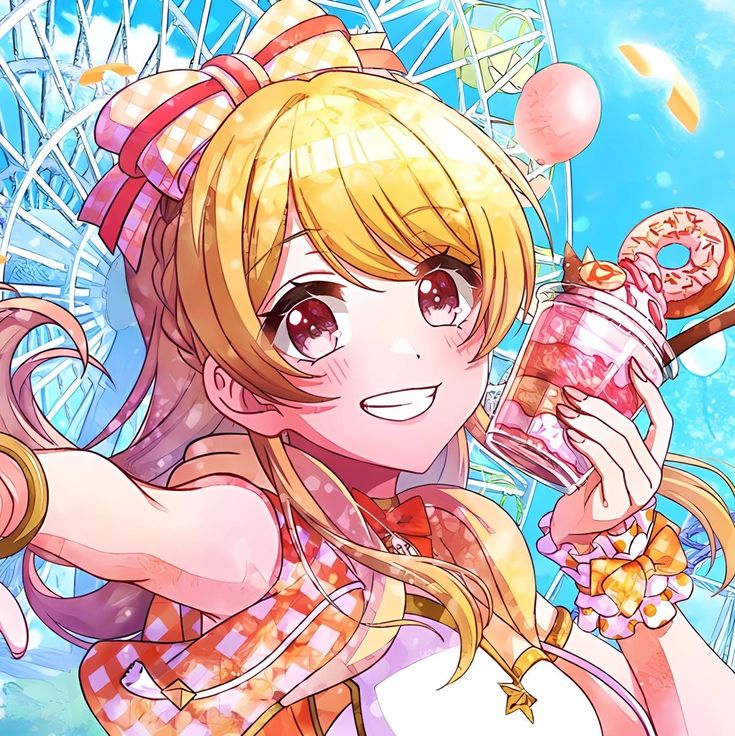 Smiling blonde anime girl in colorful outfit reaching toward viewer with geometric background